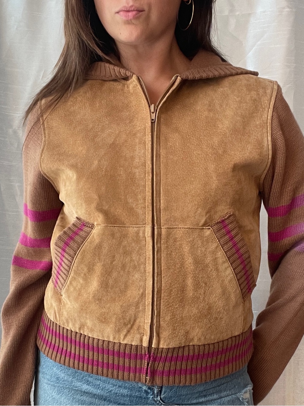 Wilsons Leather Suede Leather Jacket Medium Tan Knit Sleeves Hoodie Indie Y2K